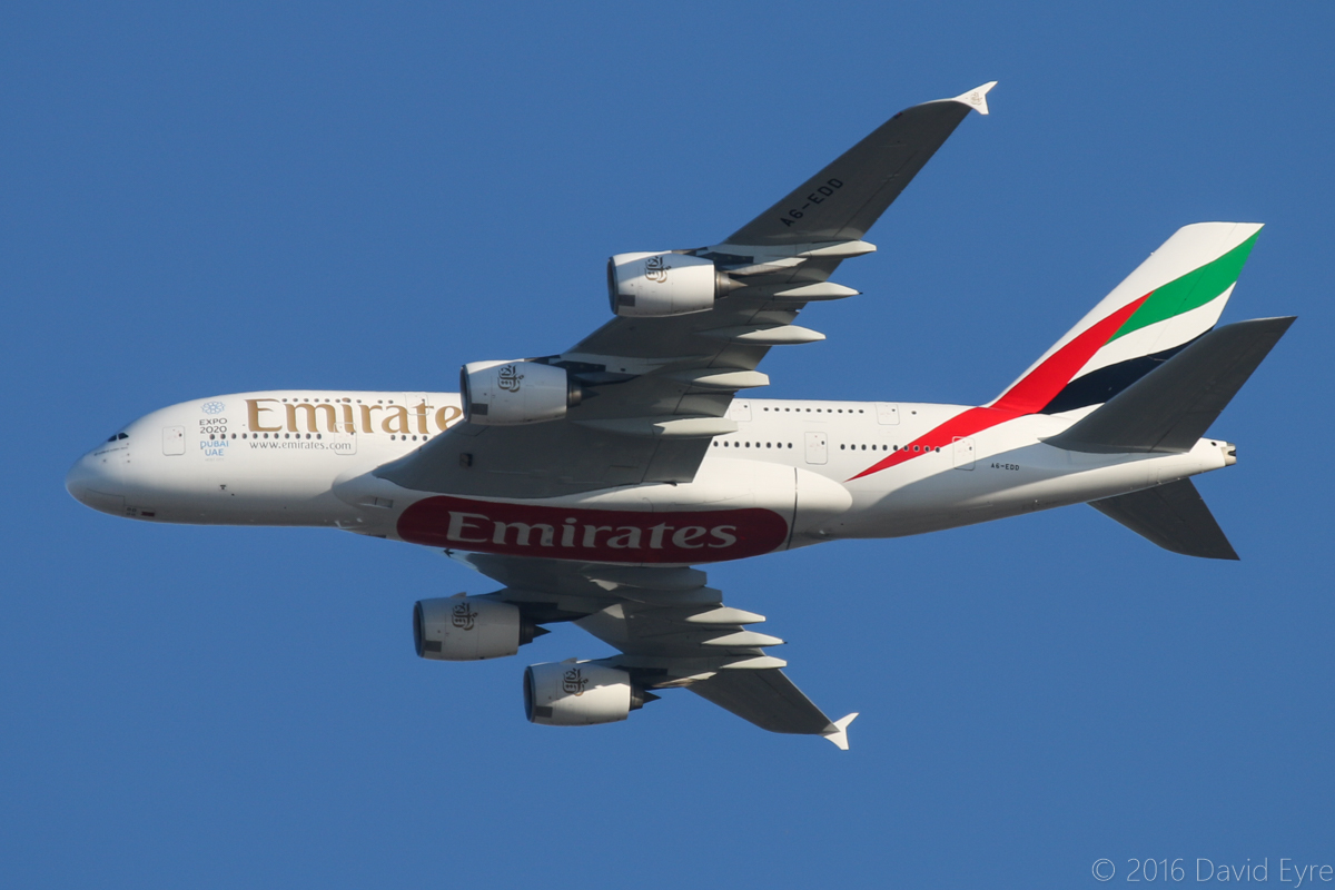 A6-EDD Airbus A380-861 (MSN 020) of Emirates, over the northern suburbs ...