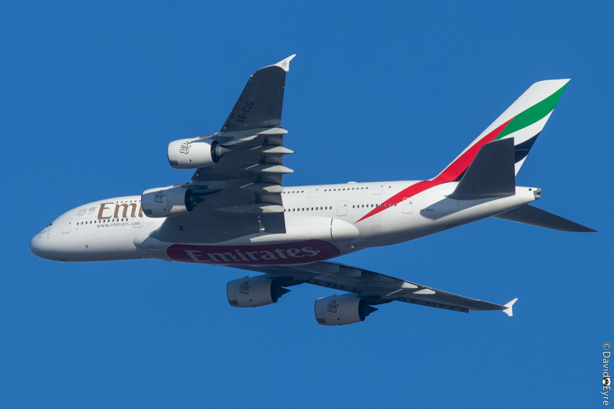 A6-EUU Airbus A380-842 (MSN 238) of Emirates, over the northern suburbs ...